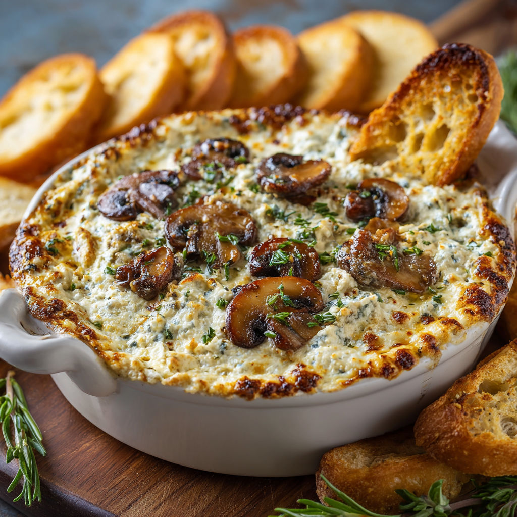 A bowl of mushroom soup with a loaf of bread on the side.