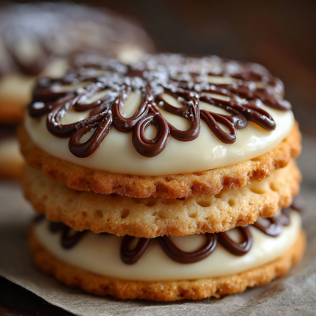 A stack of cookies with chocolate drizzle.