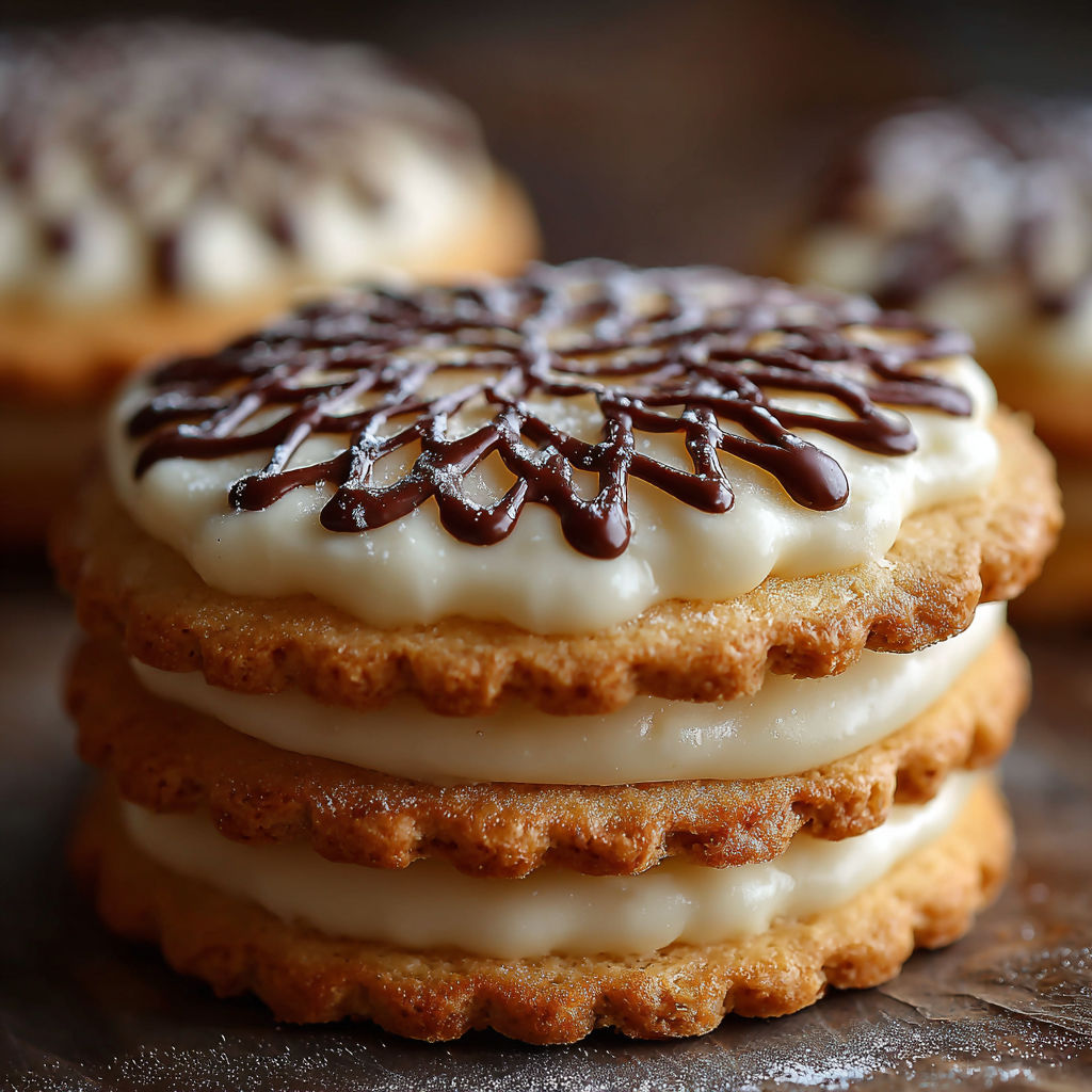 A stack of cookies with chocolate drizzle.