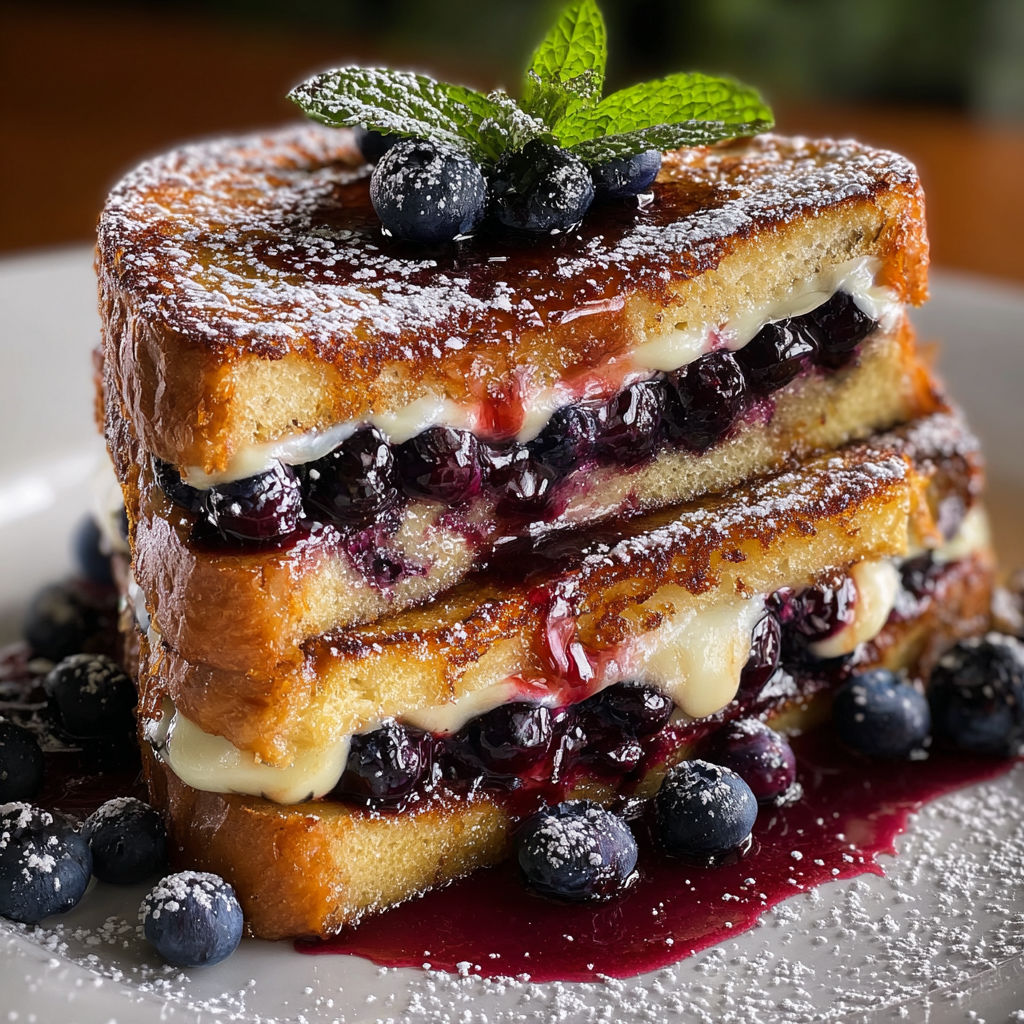 A stack of French toast with blueberries and whipped cream.