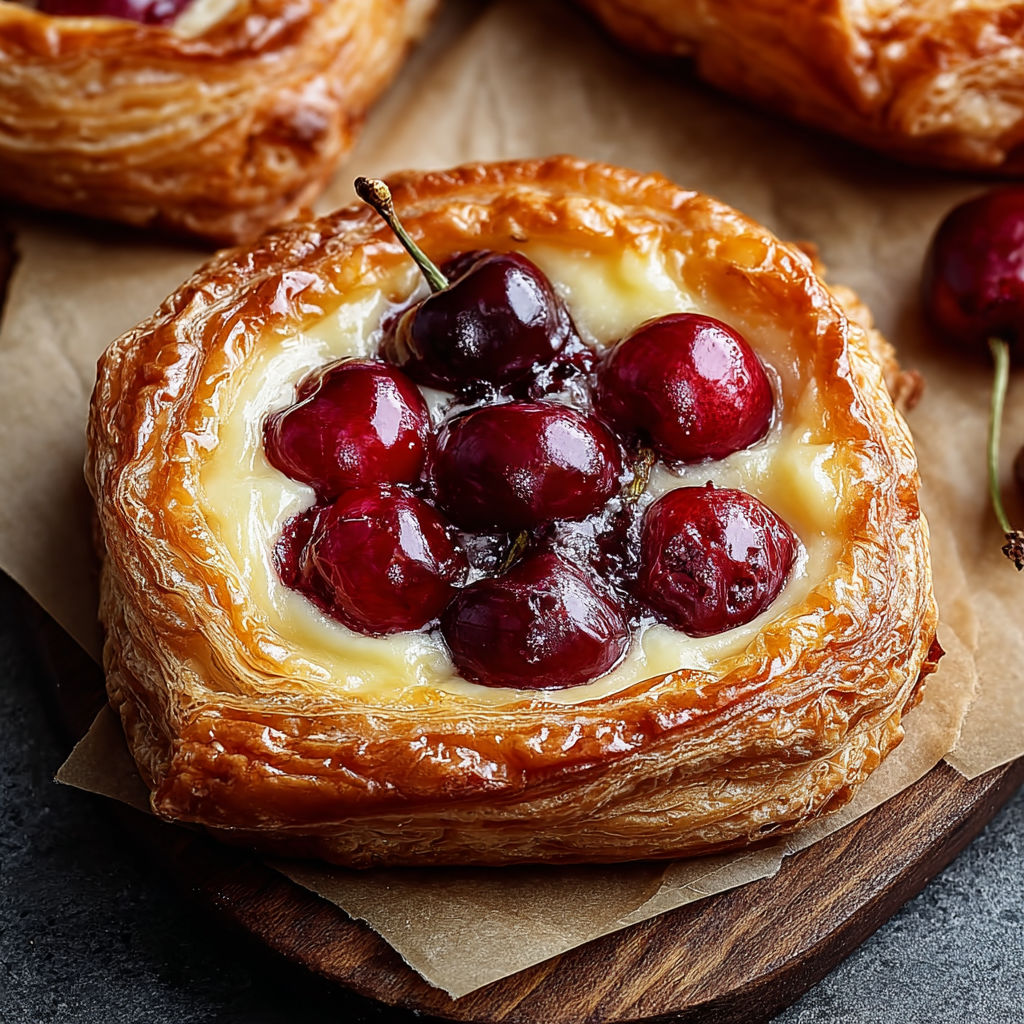 A close up of a pastry with cherries on top.