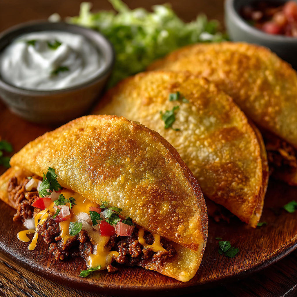 Two spicy crispy Mexican taco pockets.