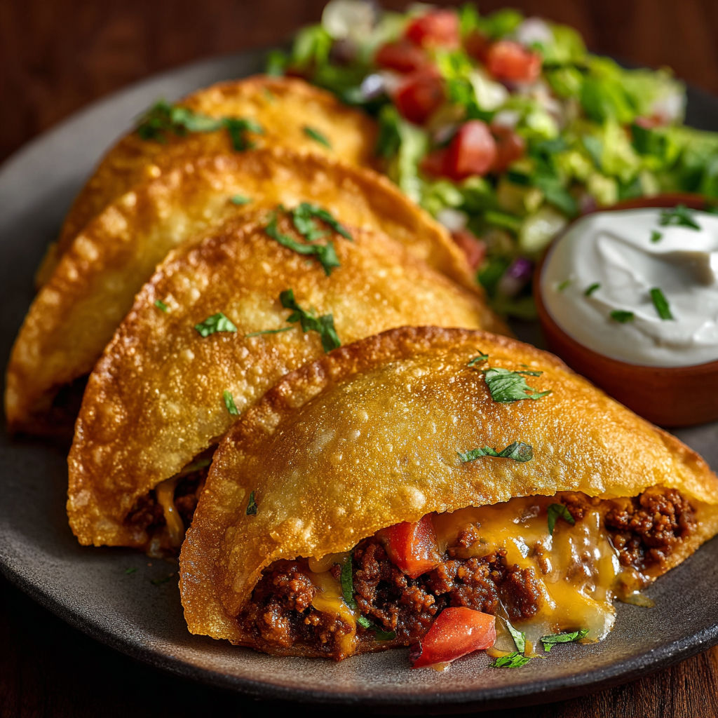 Three spicy crispy Mexican taco pockets on a plate.