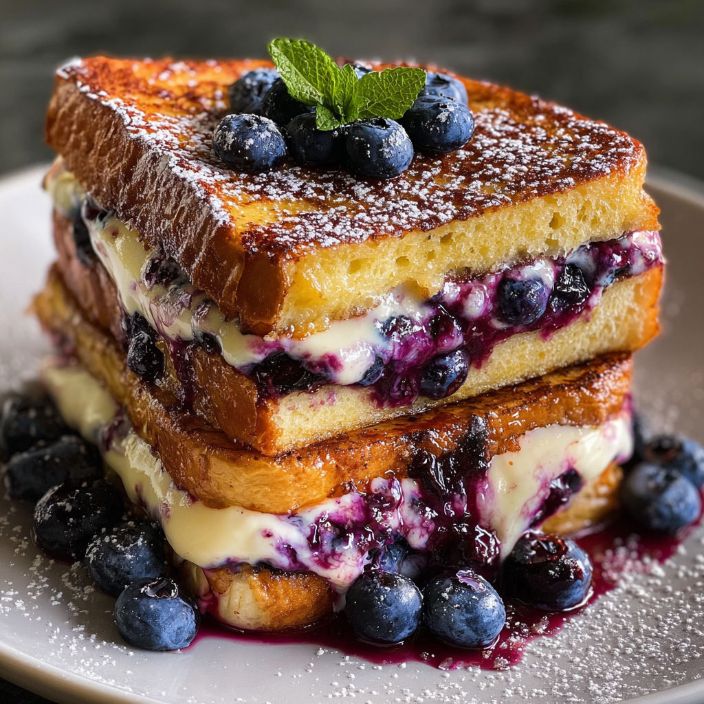 A stack of French toast with blueberries on top.