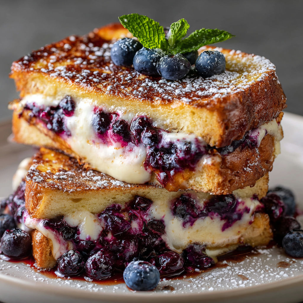 A stack of French toast with blueberries on top.