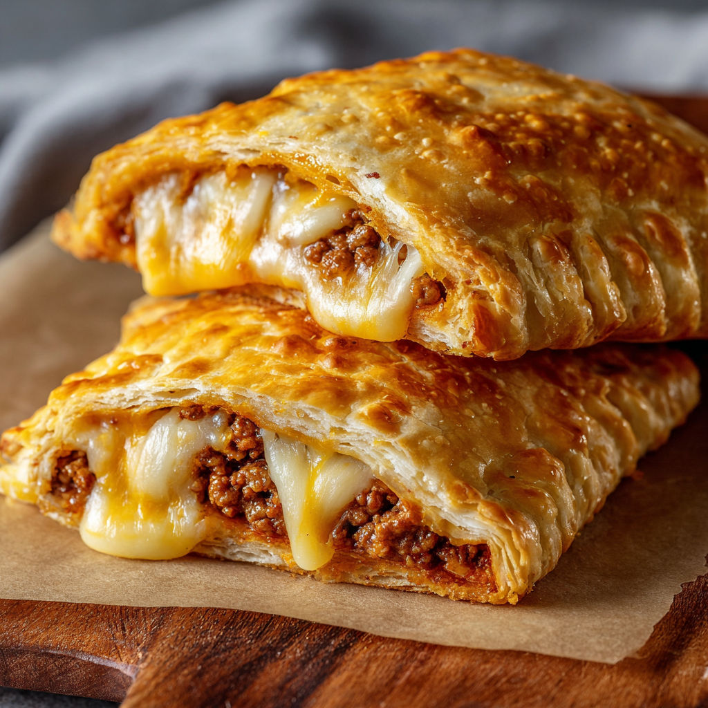 A pastry with cheese and meat on top.
