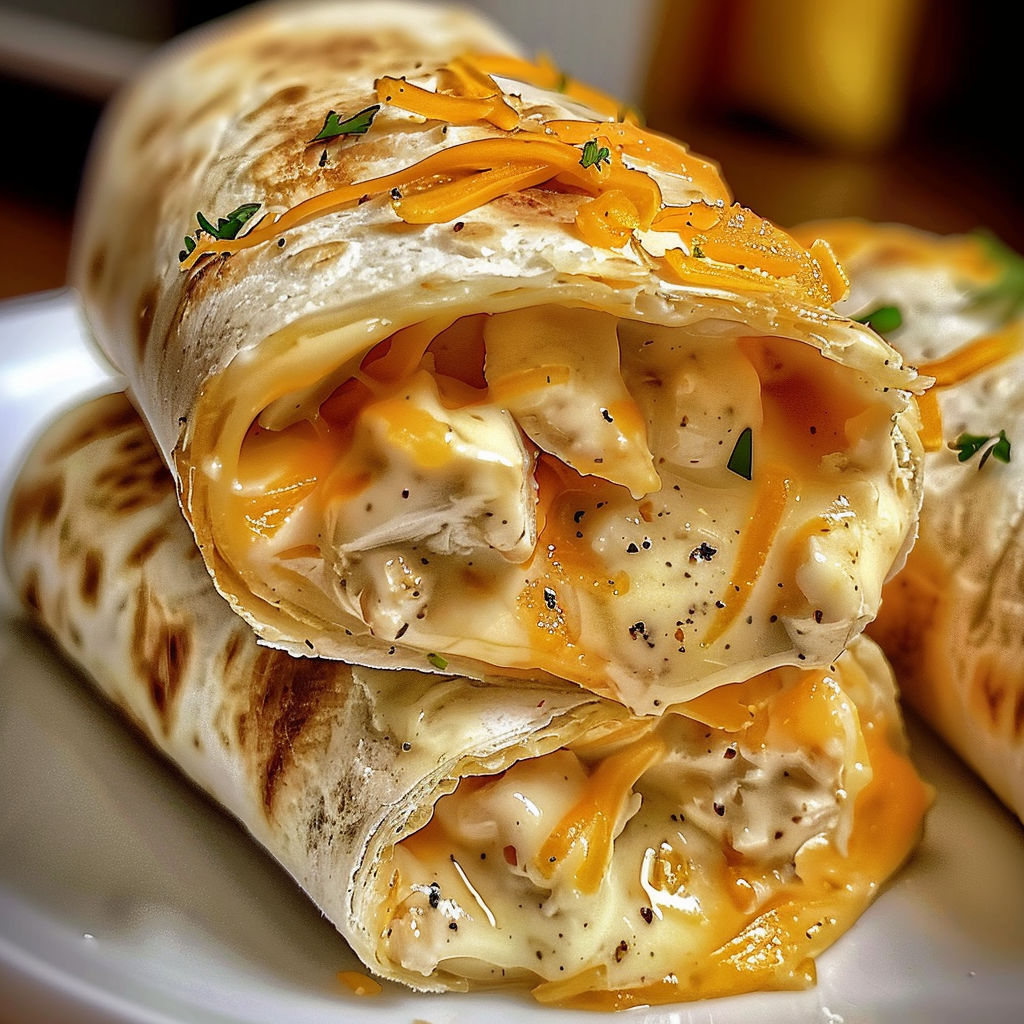 A delicious cheesy garlic chicken wrap.
