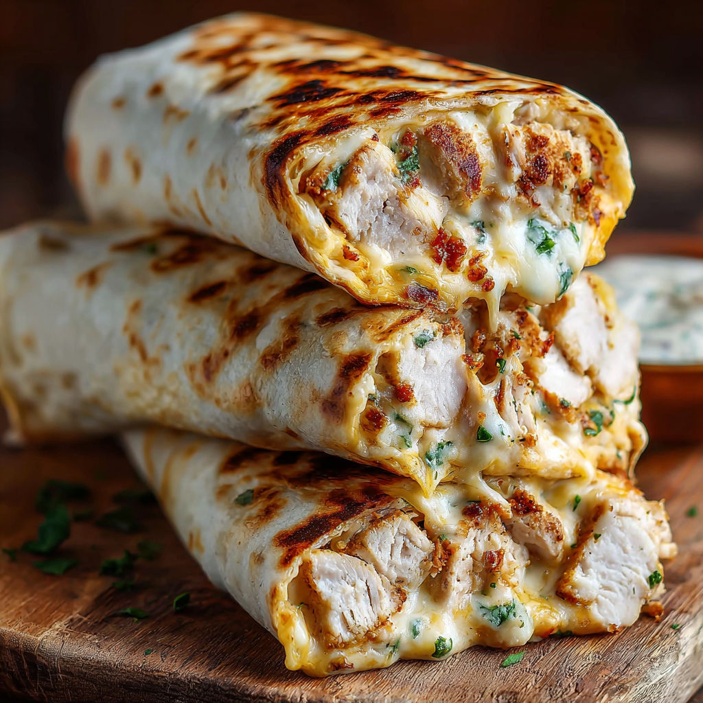 A stack of chicken sandwiches with sauce on a table.