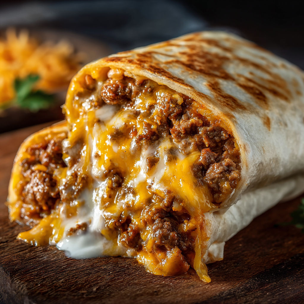 A burrito with cheese and meat on a wooden table.