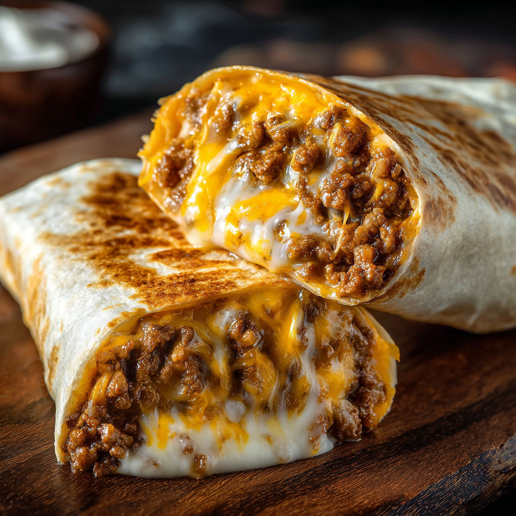 A burrito with cheese and meat on a wooden table.