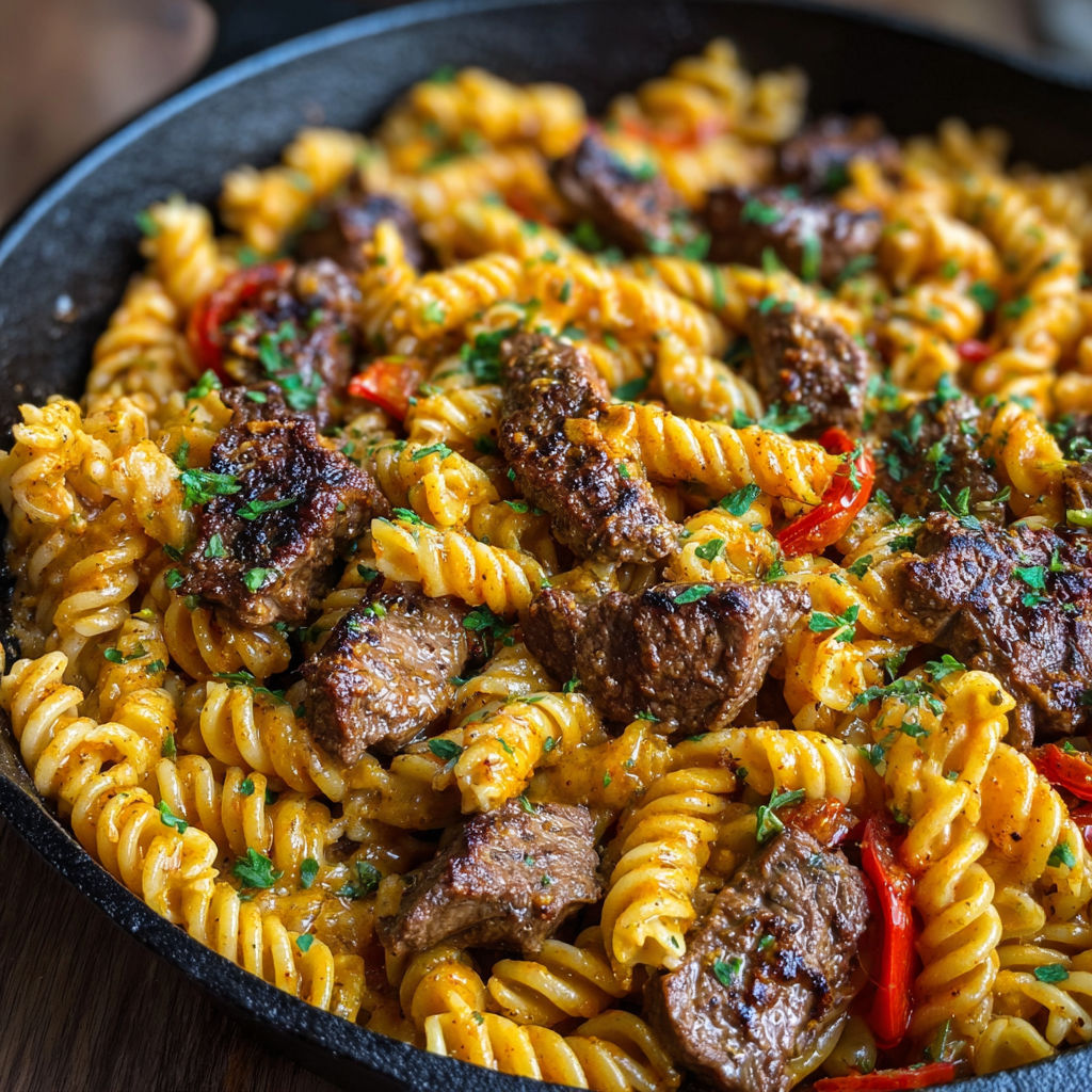 A skillet of pasta and meat.