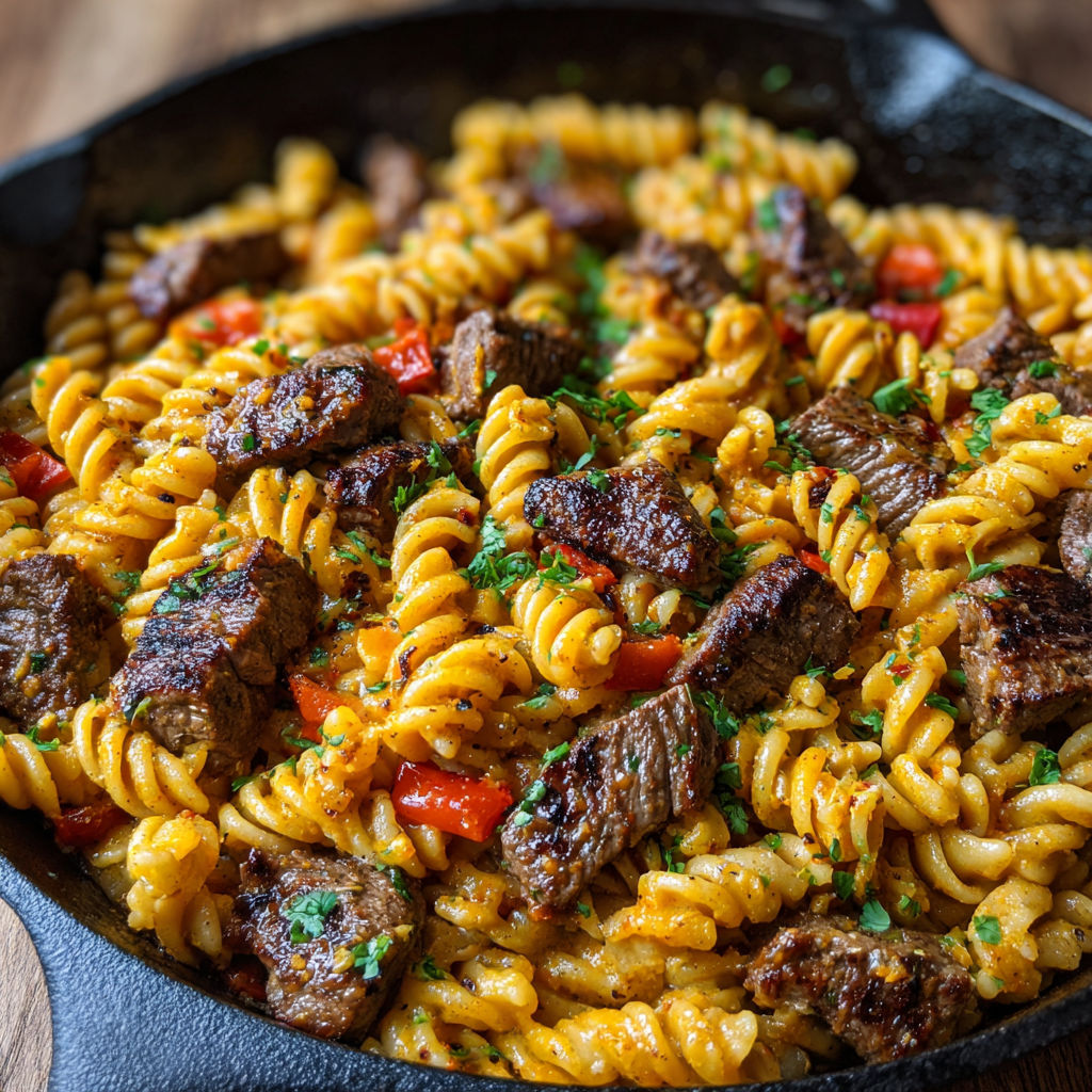 A delicious meal of pasta and meat.