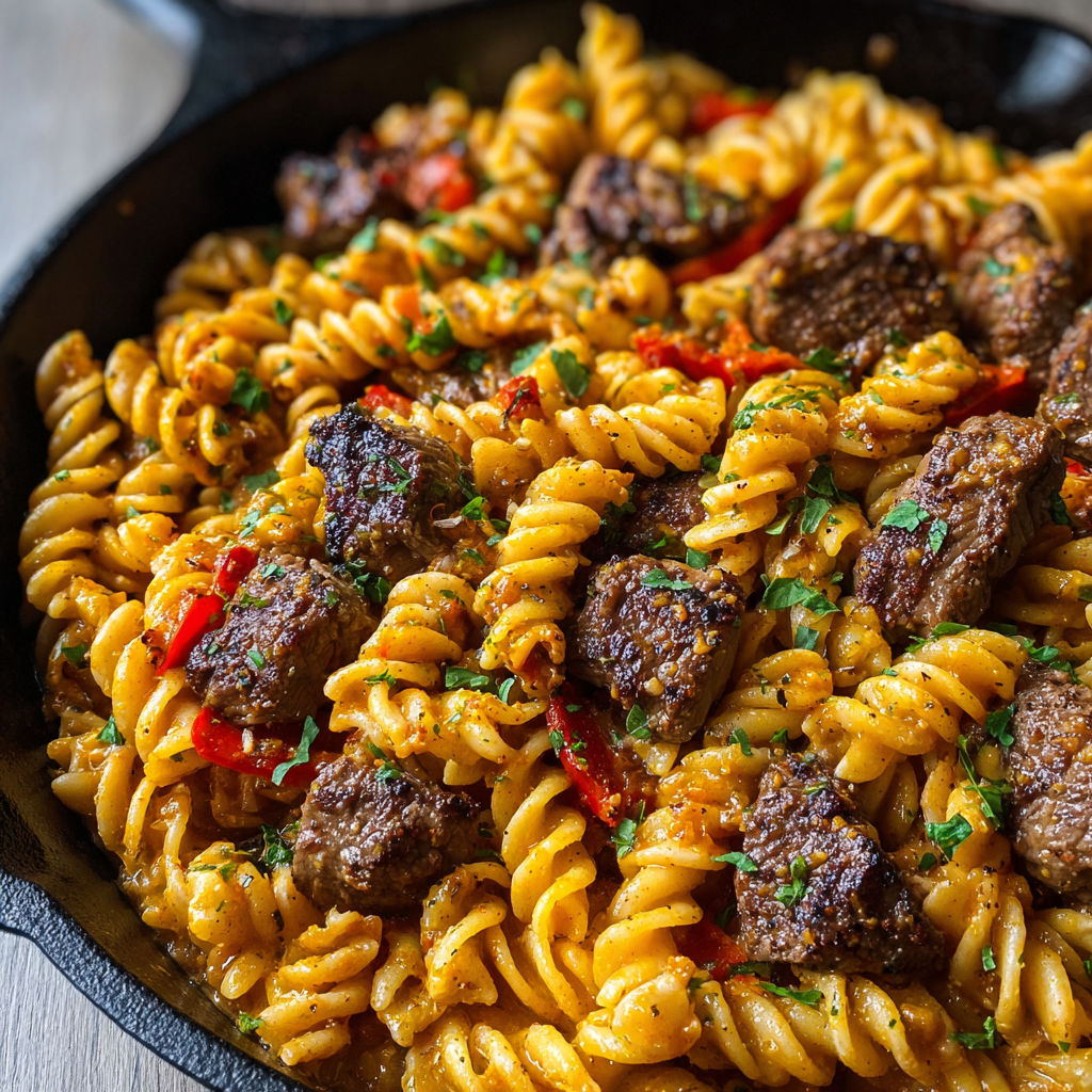 A delicious pasta dish with meat and vegetables.