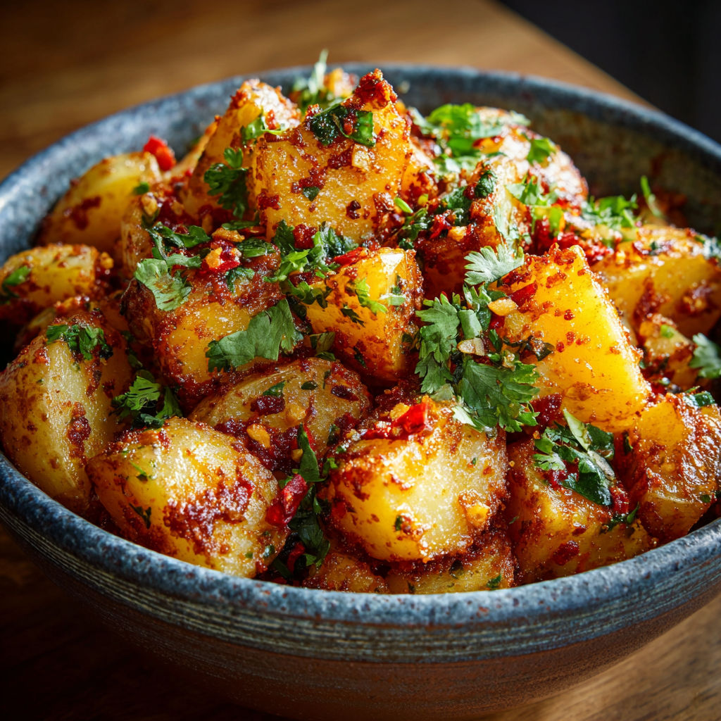 A bowl of food with potatoes and peppers.