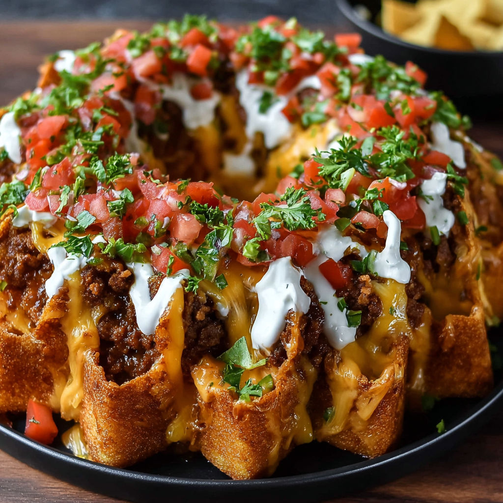 A delicious looking nacho casserole in a bundt pan.