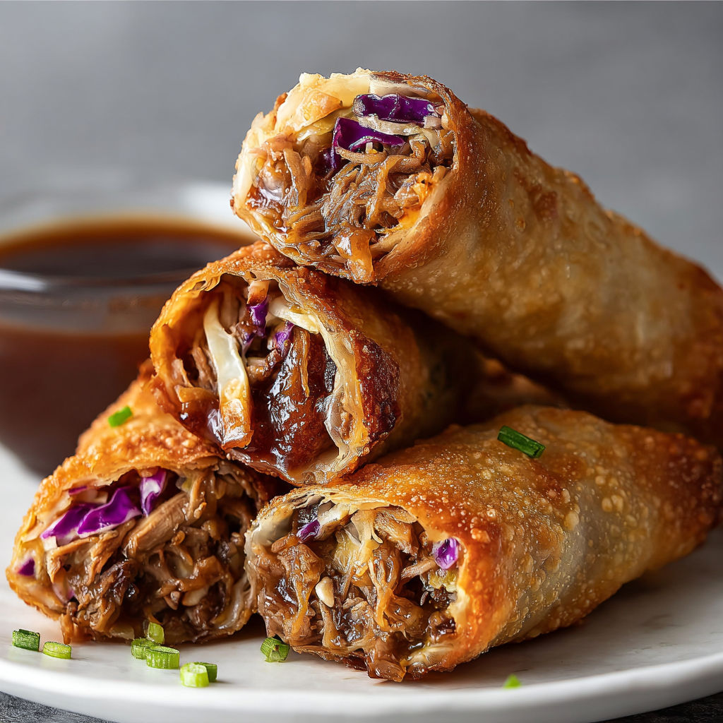 A plate of juicy pulled pork egg rolls.