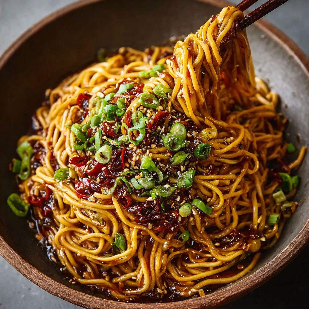 A bowl of noodles with vegetables and sauce.