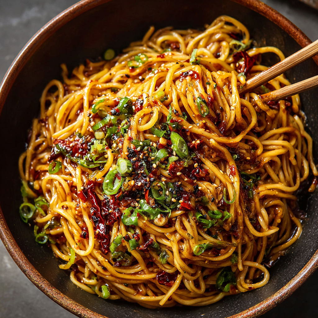 A bowl of noodles with vegetables and sauce.