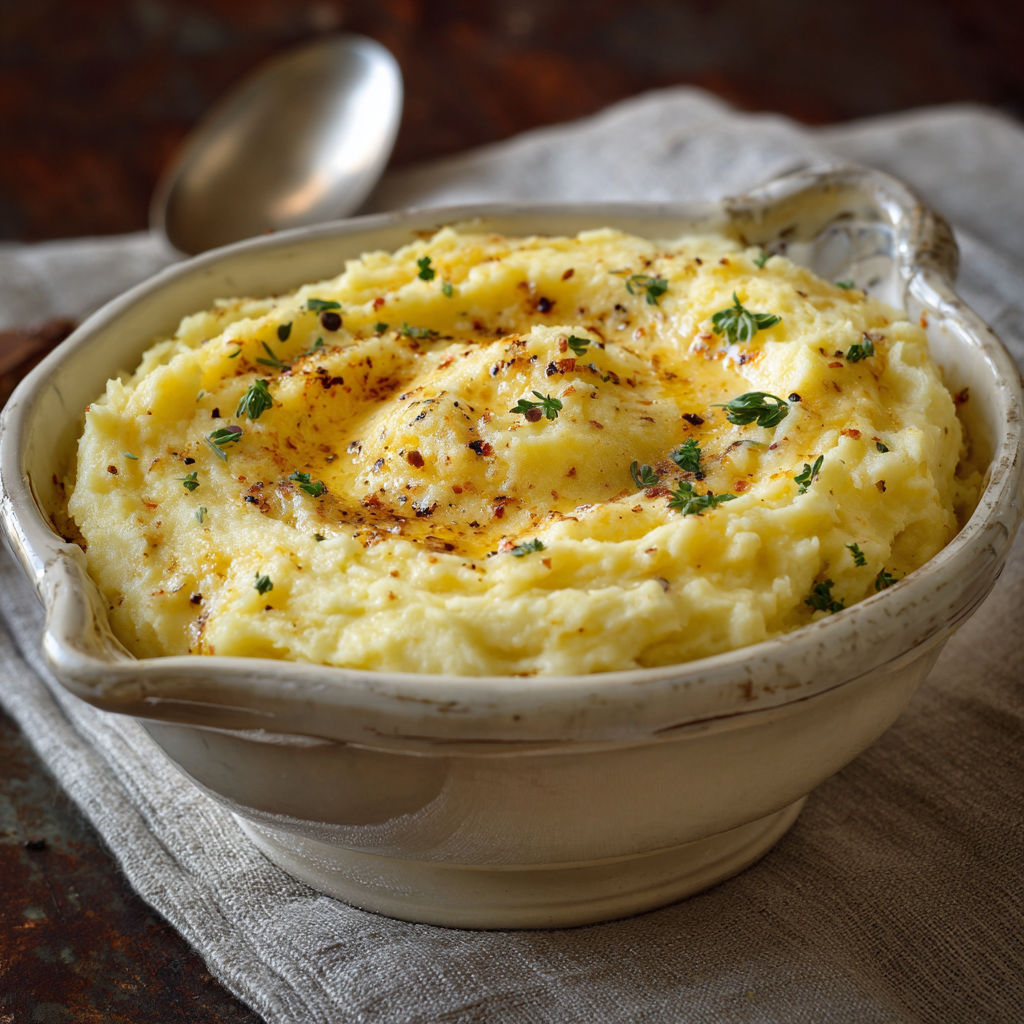 A bowl of mashed potatoes with a spoon in it.