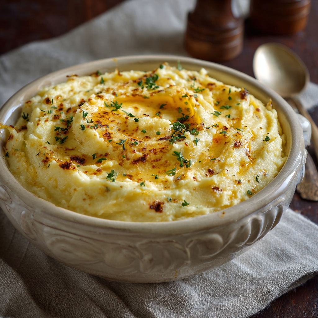 A bowl of mashed potatoes with a spoon in it.