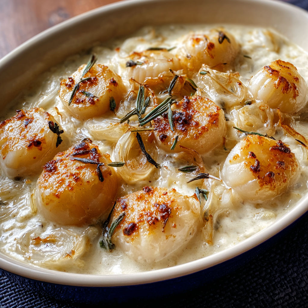 A bowl of food with a creamed pearl onion dish.