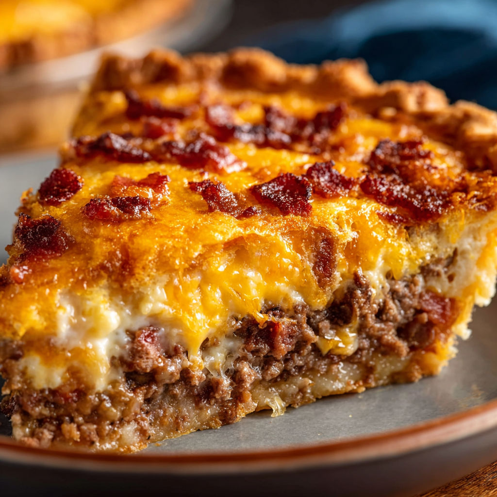 A slice of a bacon cheeseburger pie.