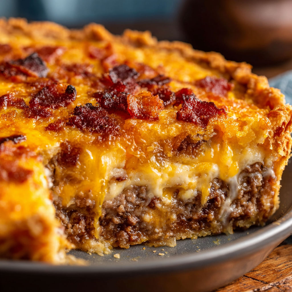 A slice of bacon cheeseburger pie.