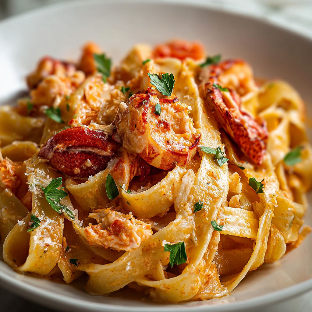 A bowl of creamy tomato and lobster pasta.