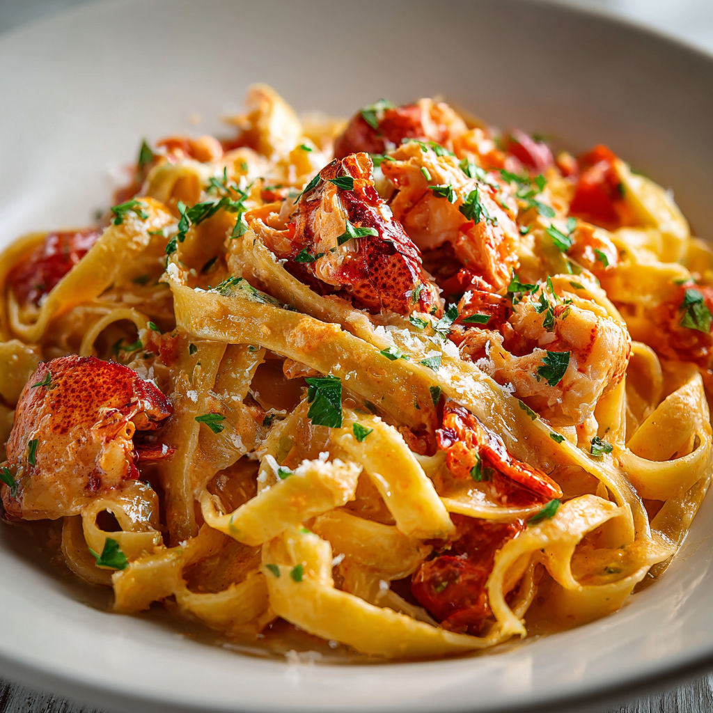 A plate of pasta with lobster and shrimp.