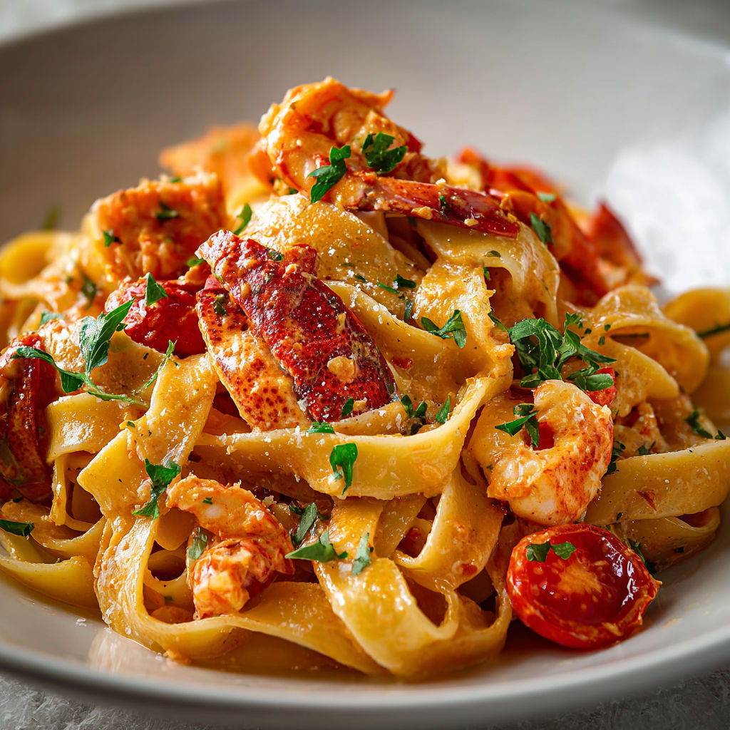 A bowl of pasta with shrimp and tomatoes.