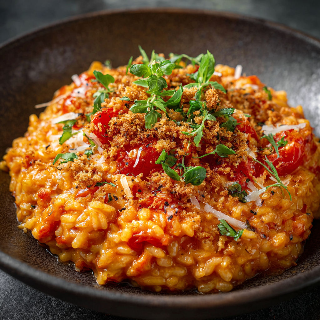 A bowl of food with tomatoes and cheese.