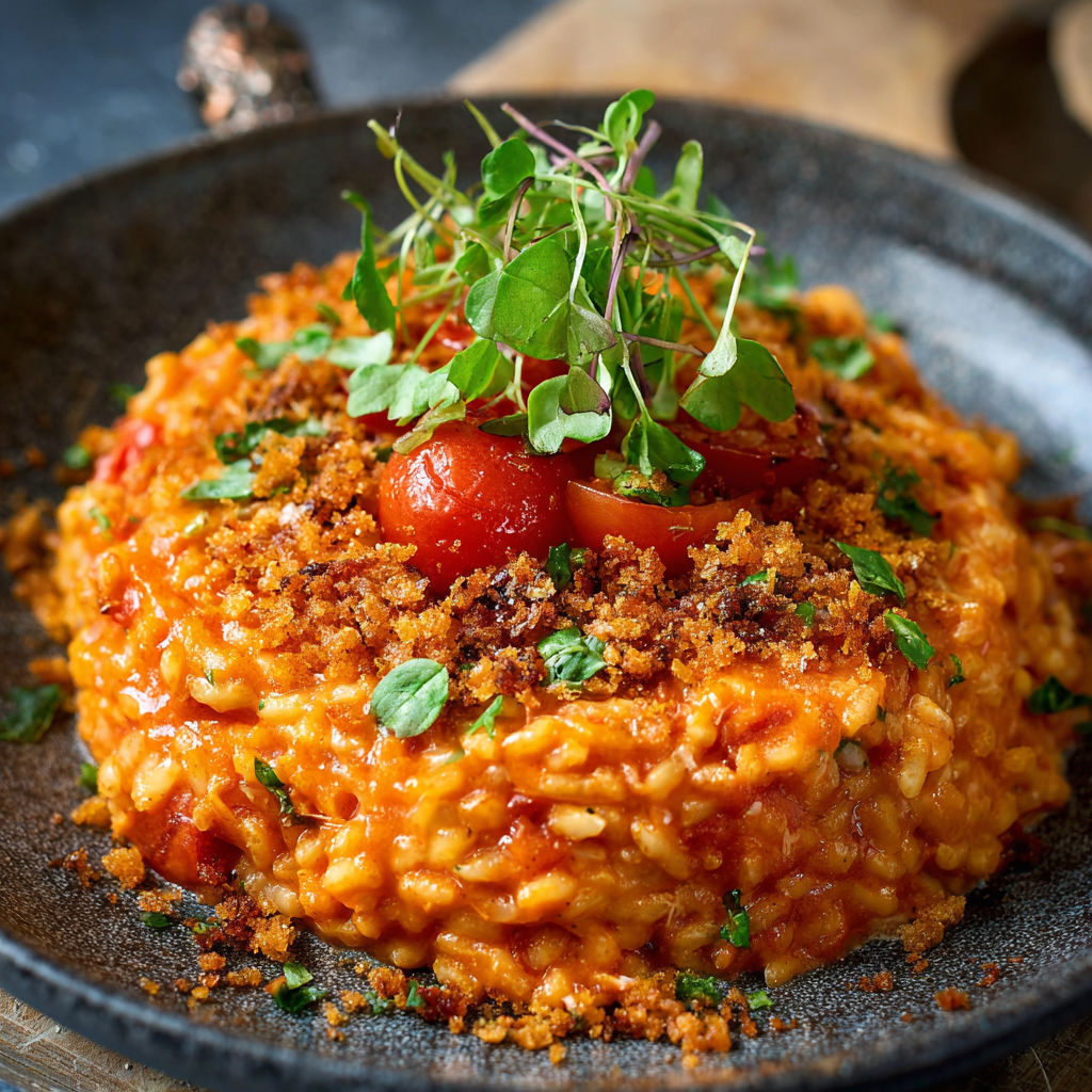 A bowl of food with a tomato on top.