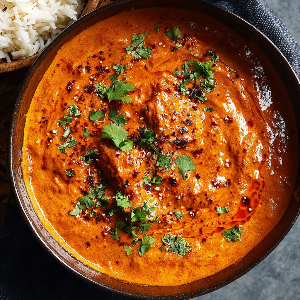 A bowl of red sauce with green spices.