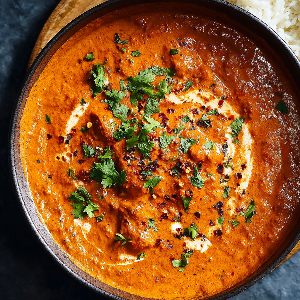 A bowl of red soup with green garnish.