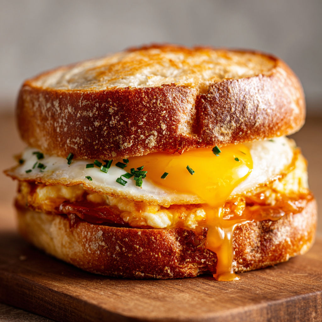 A sandwich with an egg and cheese on top.