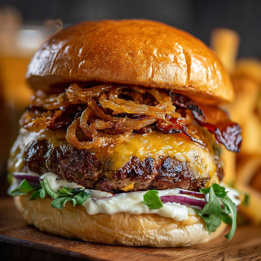 A close up of a burger with onions and bacon.