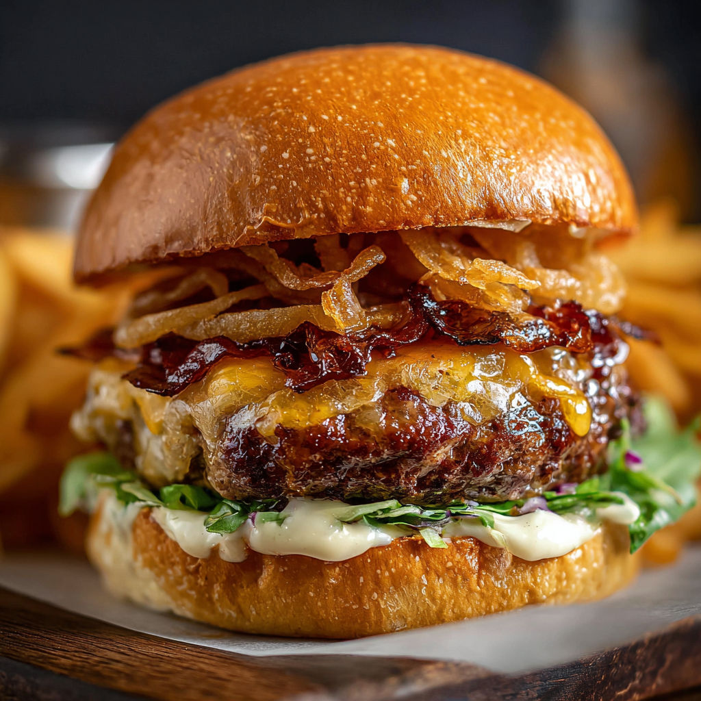 A close up of a burger with onions and cheese.