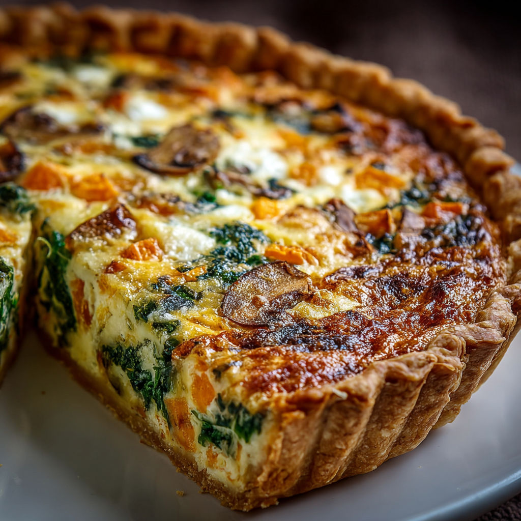 A slice of a quiche with vegetables.