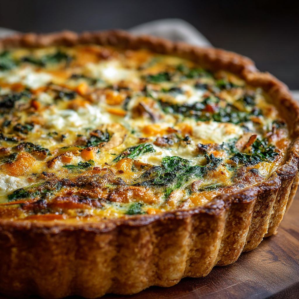 A close up of a quiche with greens and cheese.