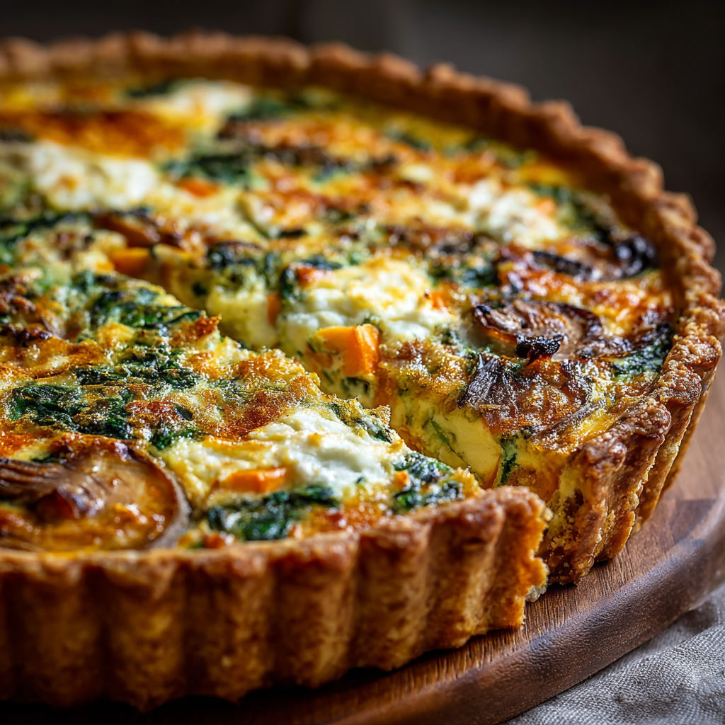 A quiche with a crust and a variety of vegetables.
