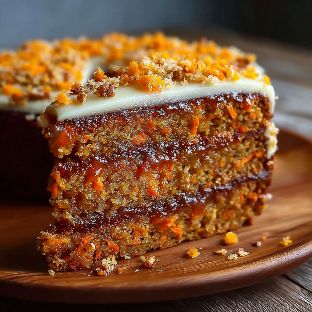 A slice of carrot cake on a wooden plate.