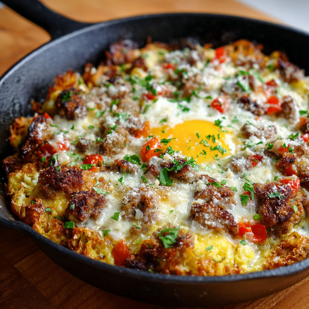 A fried egg in a pan with sausage, tomatoes, and cheese.