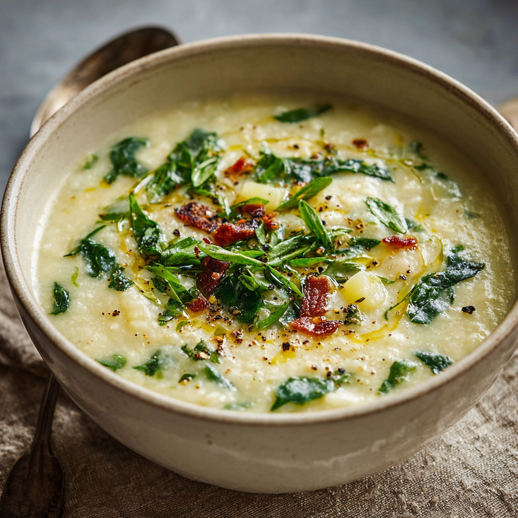 A bowl of soup with green vegetables and bacon.