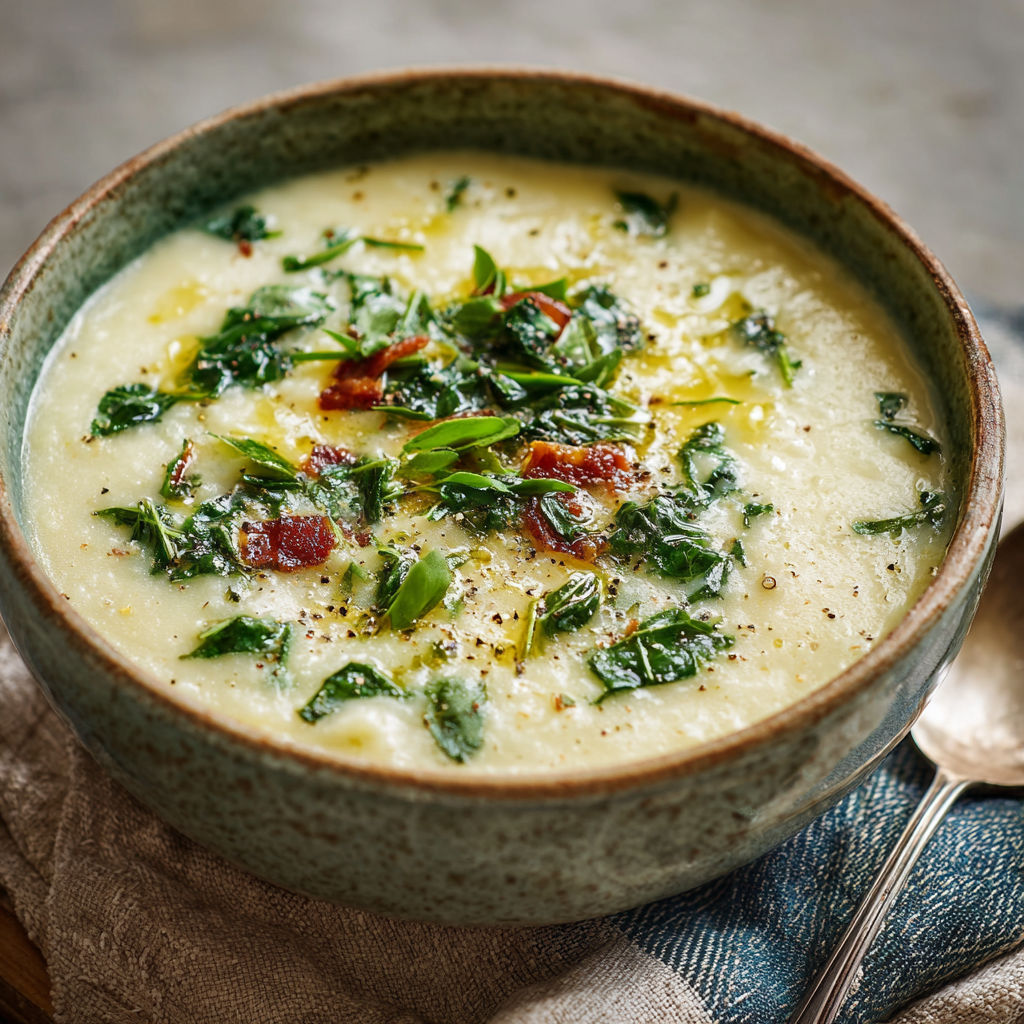 A bowl of soup with greens and bacon.