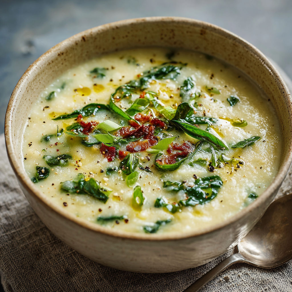 A bowl of soup with greens and bacon.