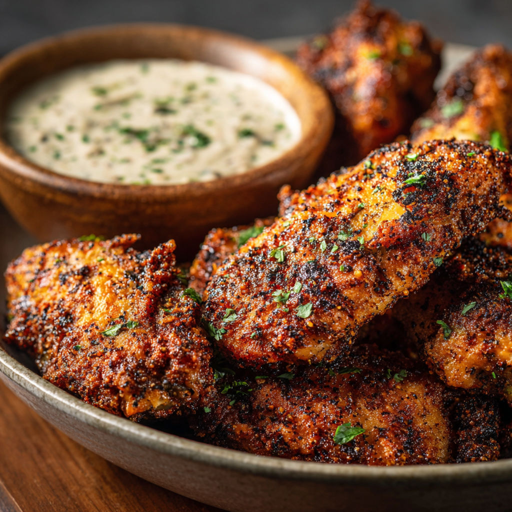 A bowl of chicken wings with a dipping sauce.