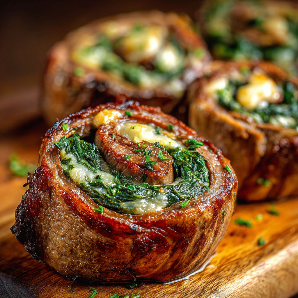 A plate of meat rolls with greens.