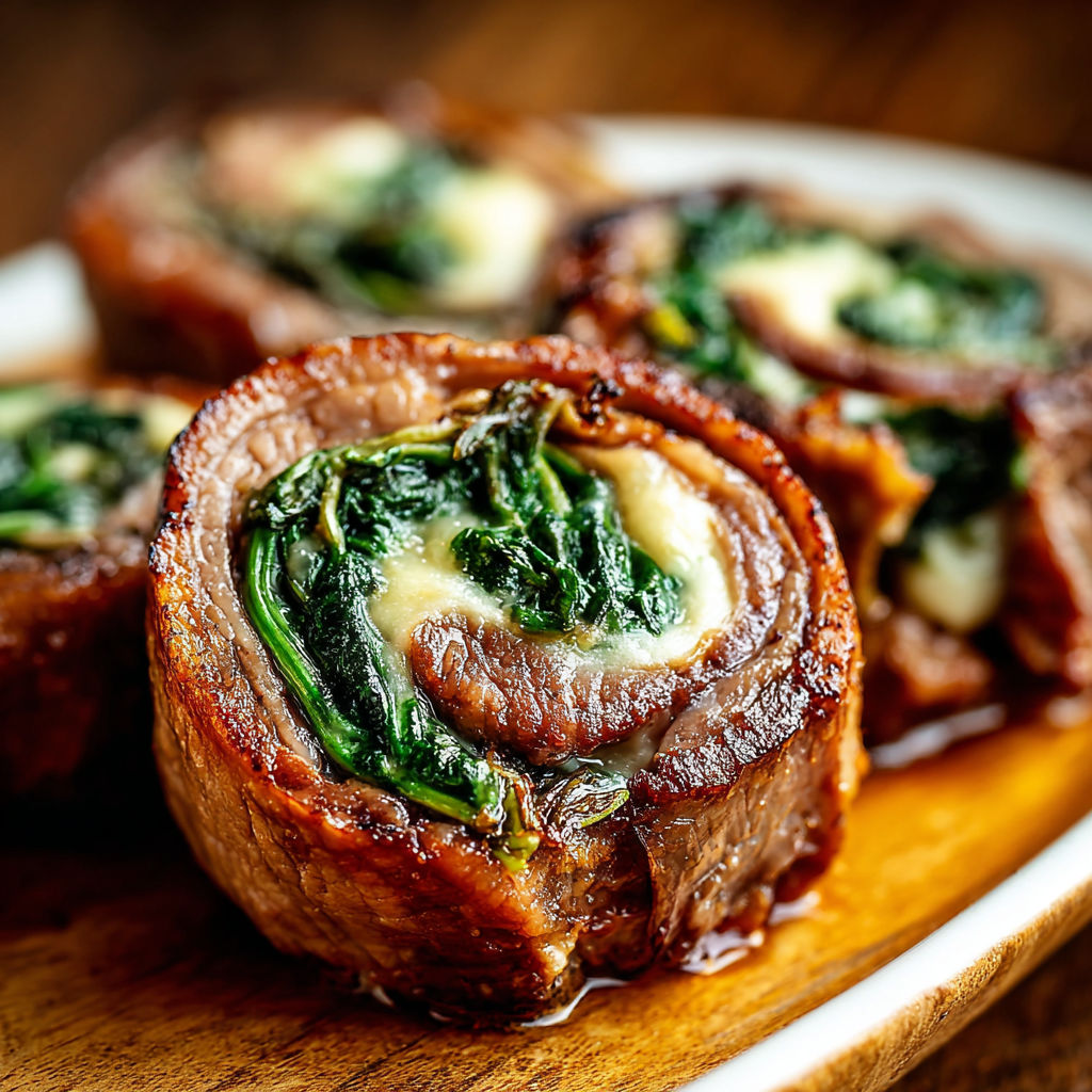 A plate of meat with greens wrapped around it.