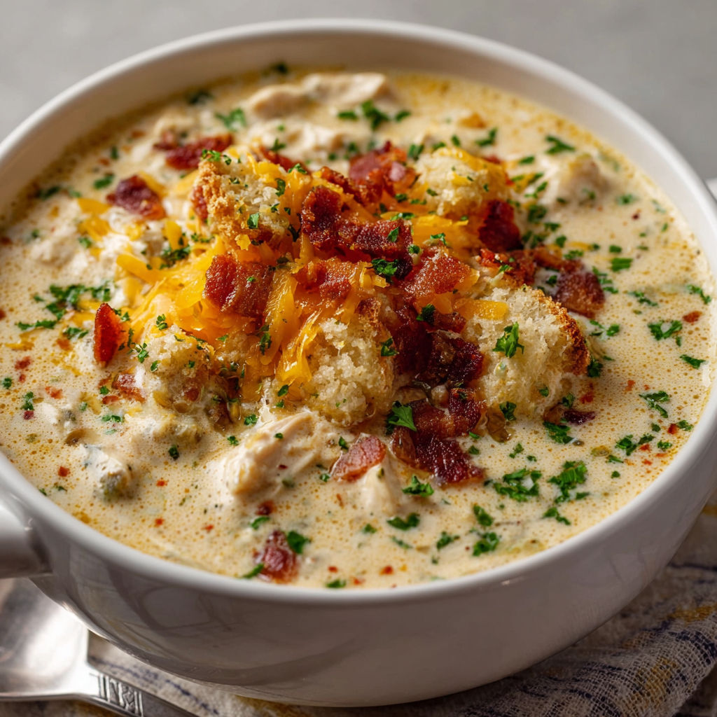 A bowl of soup with bacon and cheese.