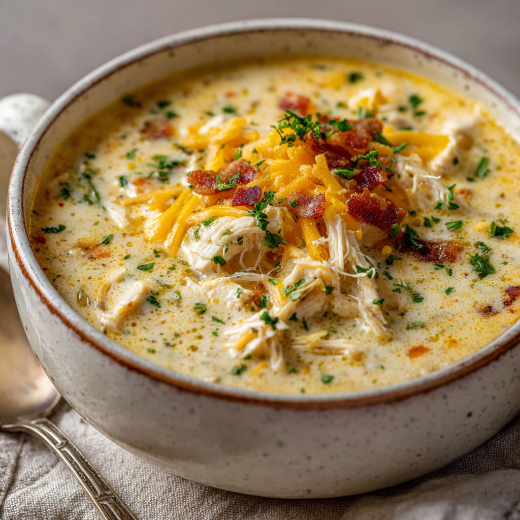 A bowl of soup with bacon and chicken.
